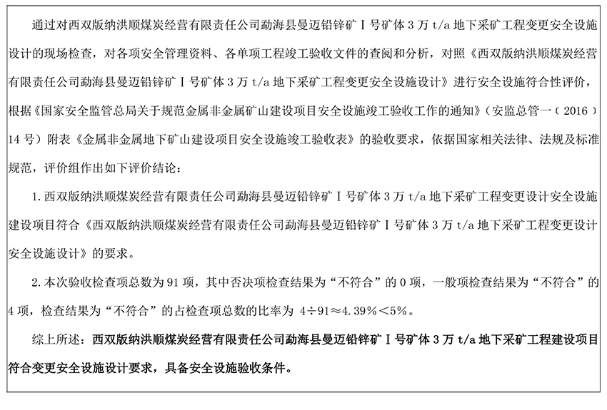 西雙版納洪順煤炭經(jīng)營有限責任公司 勐?？h曼邁鉛鋅礦Ⅰ號礦體 3 萬 t/a 地下采礦工程